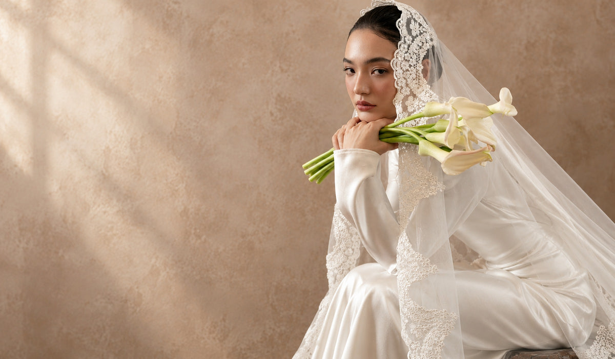 Retrato editorial de novia con velo de encaje y flores blancas